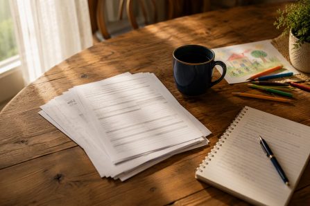 Official superannuation paperwork spread across a family dining table beside a coffee mug, notebook and a child's drawing, representing the MSBS invalidity decisions facing ADF members and their families.